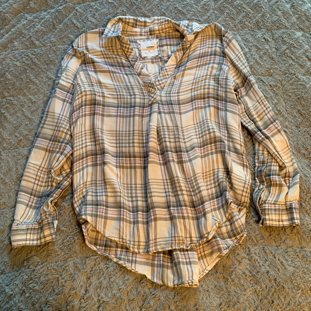 Sonoma Plaid Blouse in Cream and Gray